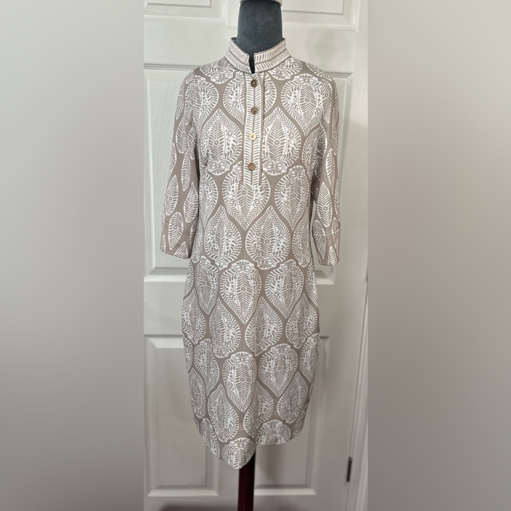 Gretchen Scott Designs Tan and White Leaf Print Midi Dress